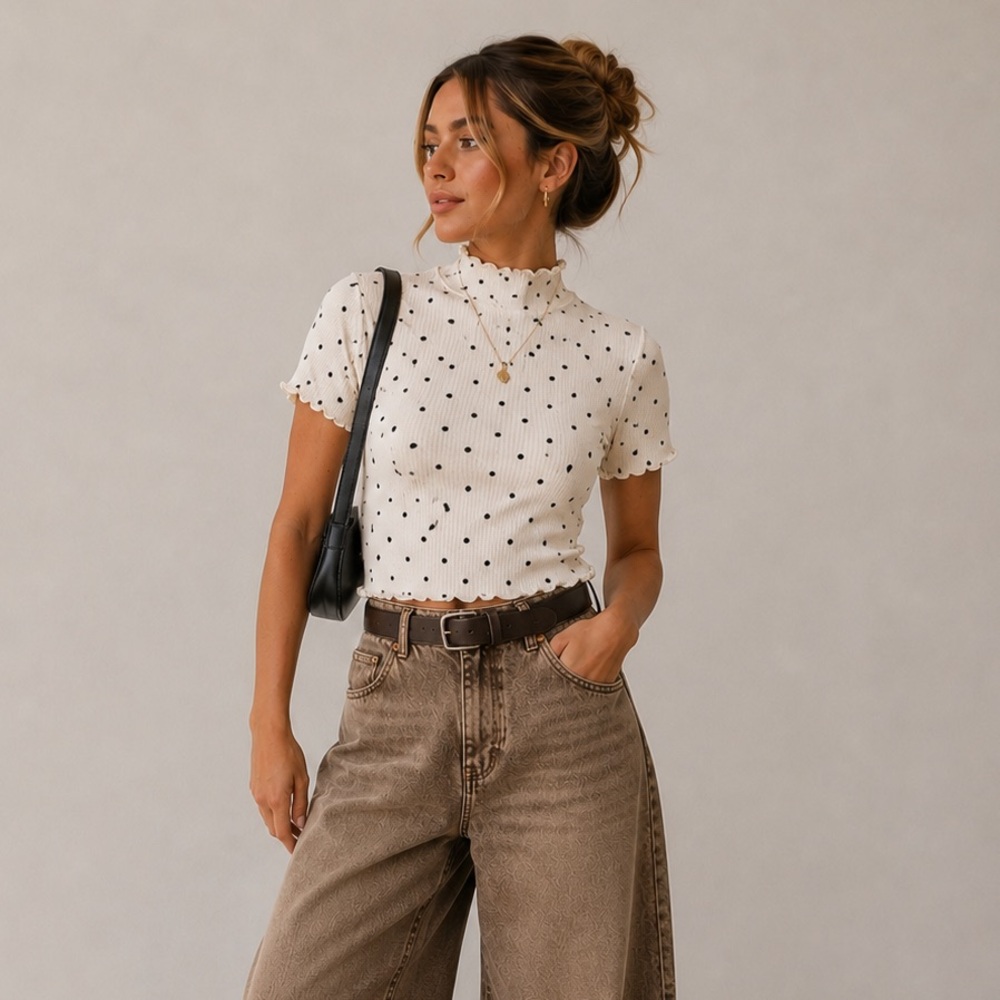 BOHME 🖤 Cream & Black Polka Dot Short Sleeve Mock Neck Ruffle Lettuce Trim Tee